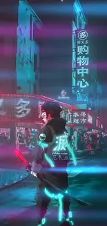 Futuristic neon cyberpunk character in a cityscape.