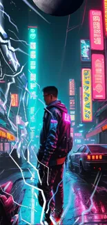 Cyberpunk wallpaper with neon cityscape and lone figure.