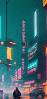 Cyberpunk city street with neon lights and a futuristic atmosphere.