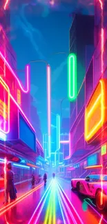 Cyberpunk city with neon lights and futuristic cars.