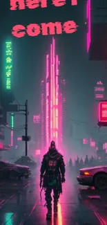 A cyberpunk street scene with neon lights and 'here I come' text.