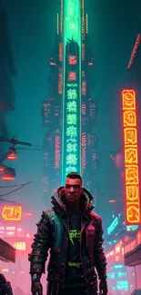 Cyberpunk city street with neon lights and futuristic elements.