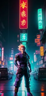 Futuristic warrior in a neon-lit city street at night.