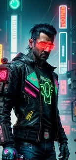 Cyberpunk figure in neon urban street wallpaper.