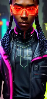 Futuristic neon style artwork with vibrant colors and cyberpunk fashion.