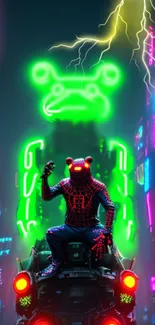 Neon cyberpunk superhero in futuristic city with glowing signs.