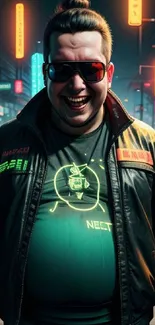 Cyberpunk styled person in neon-lit cityscape.