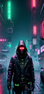 Hooded figure in a neon-lit cyberpunk city street at night.