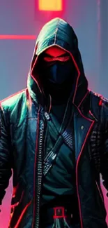 Hooded warrior in neon-lit cyberpunk cityscape.