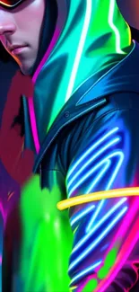 Neon cyberpunk wallpaper with vibrant, futuristic design in green and pink hues.