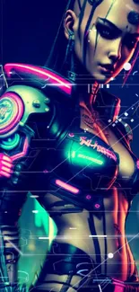 Cyberpunk warrior in neon urban art wallpaper.