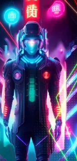 Cyberpunk warrior in neon lights with vibrant futuristic design.