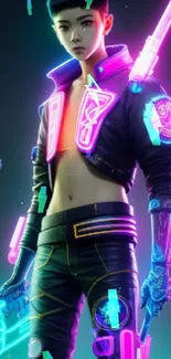 Neon cyberpunk character with glowing lights and futuristic design.