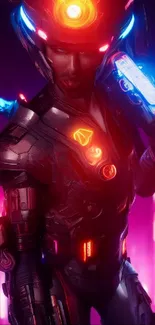 Cyberpunk warrior with neon lights in futuristic setting.