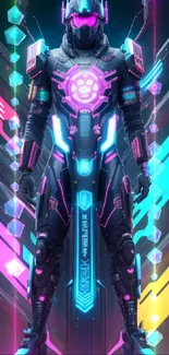 Futuristic neon warrior in striking cyberpunk armor design.