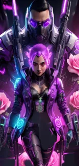 Futuristic neon warrior in purple with pink roses and high-tech elements.