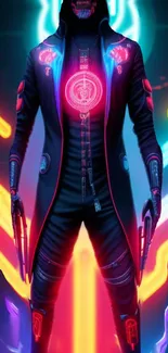 Vibrant neon cyberpunk warrior design.