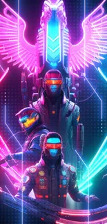 Futuristic cyberpunk warriors and eagle in vibrant neon colors.