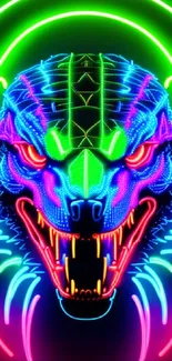 Neon cyberpunk wolf with geometric patterns and vibrant colors.