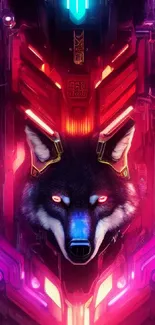 Neon cyberpunk wolf with vibrant colors on futuristic digital wallpaper.