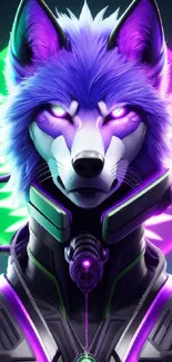 Purple neon cyberwolf against vibrant background.