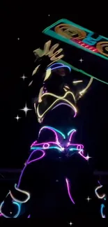 Neon dancer lifting boombox amidst glowing stars.