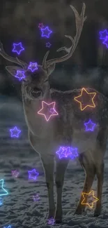 Deer with neon stars in snowy forest wallpaper.