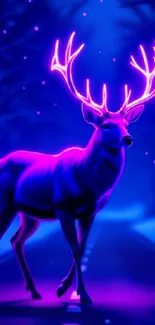 Neon deer walking in a mystical forest at night with vibrant purple glow.