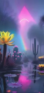 Neon desert oasis with glowing cacti and pink pyramid in a futuristic landscape.