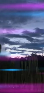 Desert landscape with neon streaks and cactus silhouettes under a purple sky.