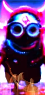 Neon-themed minion with devil horns glowing in pink and blue.