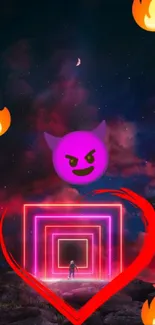 Neon devil emoji and heart portal wallpaper with fiery accents.