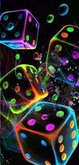 Vibrant neon dice wallpaper art with glowing colors.