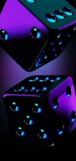 Neon dice glowing in vibrant purple on a black background.