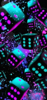 Vibrant neon dice explosion on a dark background with pink and blue splashes.