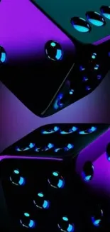 Vibrant neon dice in purple and black hues on a dark background.