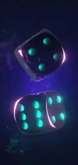 A pair of neon dice glowing in the dark void.