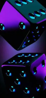 Vibrant neon purple and blue dice on black background.