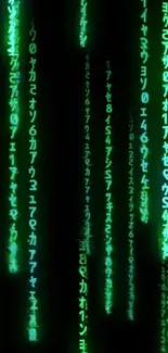 Neon green digital code wallpaper with cascading symbols.