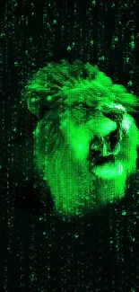 Neon green digital lion face on a dark background.