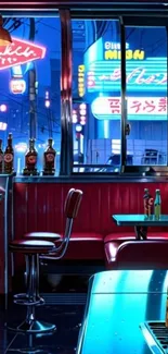 Neon-lit diner interior with cityscape view.