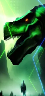 A neon-lit T-Rex in a futuristic jungle setting with mountains.