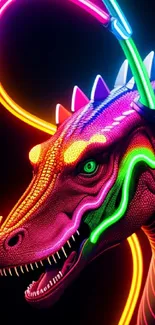 Vivid neon dinosaur artwork with glowing colors on a dark background.