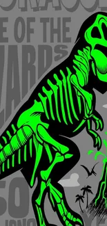 Neon green T-Rex dinosaur art on grey background.