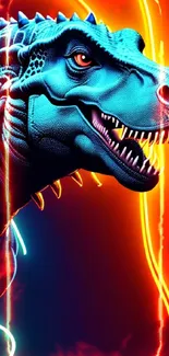 Neon T-Rex dinosaur with glowing lights on a vibrant background.