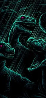 Neon digital art of dinosaurs with a dark teal and magenta color scheme.