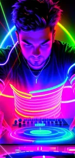 DJ in vibrant neon lights creating an energetic visual mix on turntables.