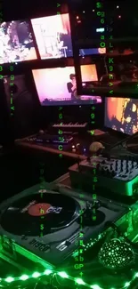 Neon-lit DJ setup with monitors and green lights, creating a cyberpunk vibe.