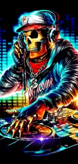 Colorful neon DJ skeleton spinning at a turntable with music wave backdrop.