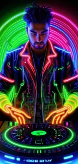 Vibrant neon DJ mixing on colorful turntables.